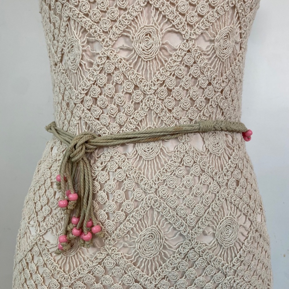 VTG Braided Rope Belt Size S/M Boho Hippie Gypsy Festival Skinny Pink Beads Fair